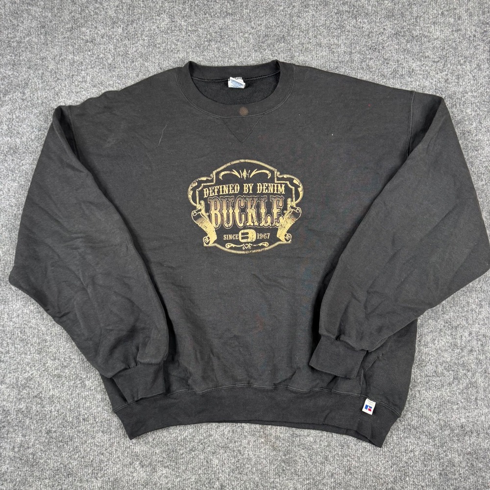 Russell Athletic Sweatshirt Mens Size XL Black Buckle Graphic Distressed Faded
